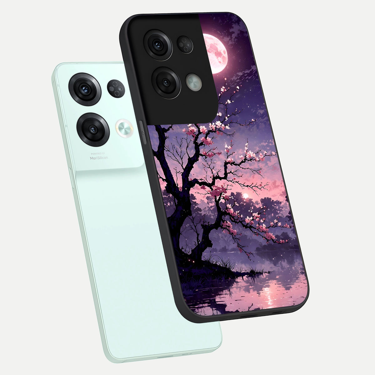  Blossom Pink Moon phone case For Oppo Reno 8 Pro showing premium glass back cover with detailed artwork