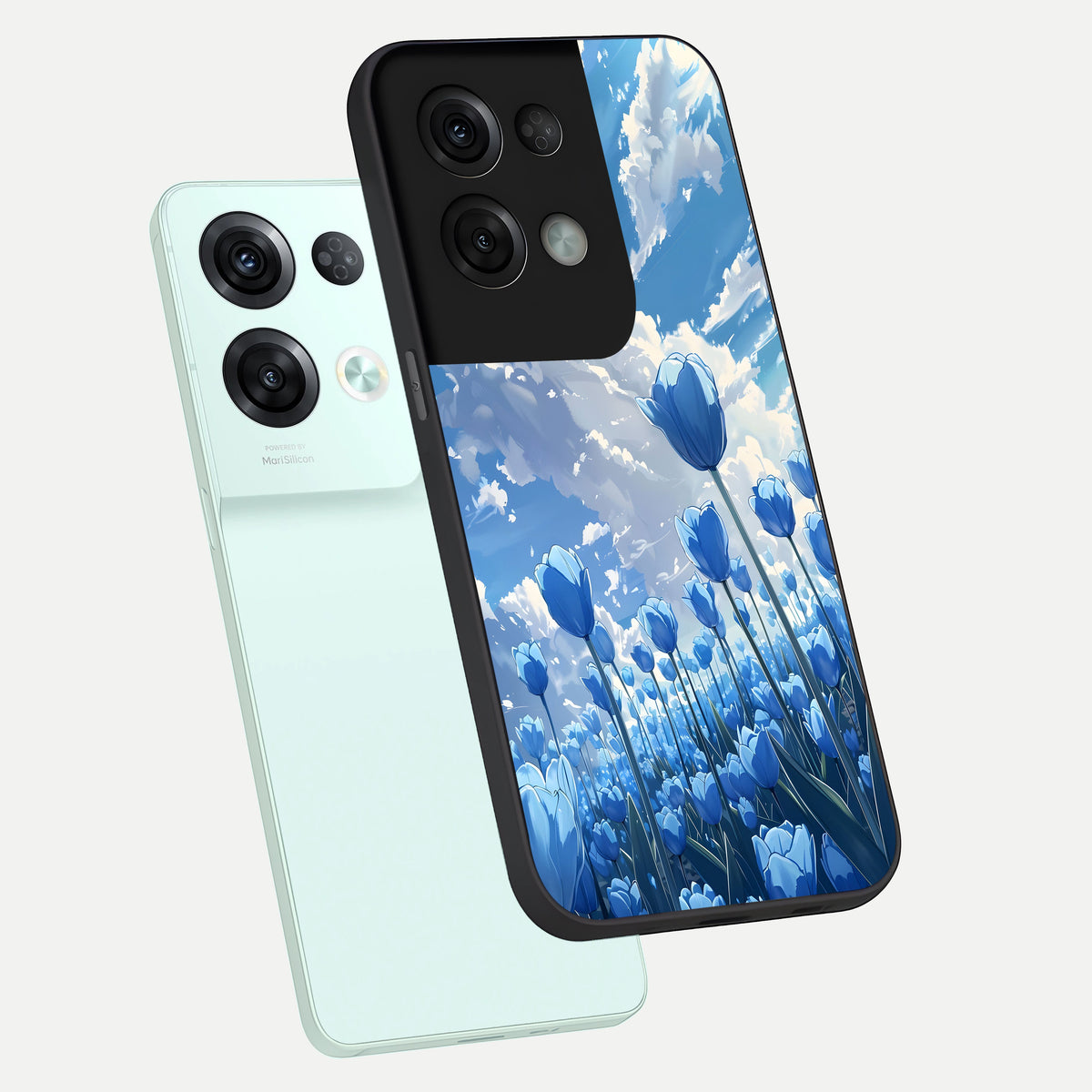  Blue Tulip Clouds phone case For Oppo Reno 8 Pro showing premium glass back cover with detailed artwork