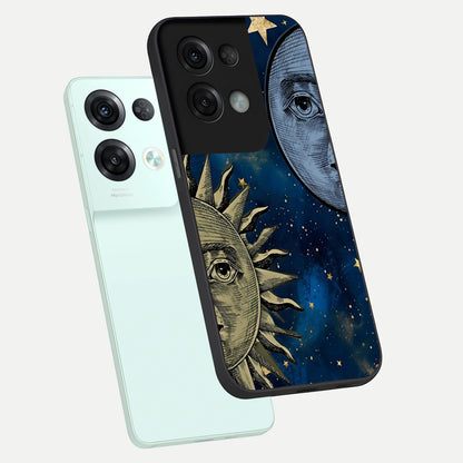 Celestial Moon With Sun phone case For Oppo Reno 8 Pro showing premium glass back cover with detailed artwork