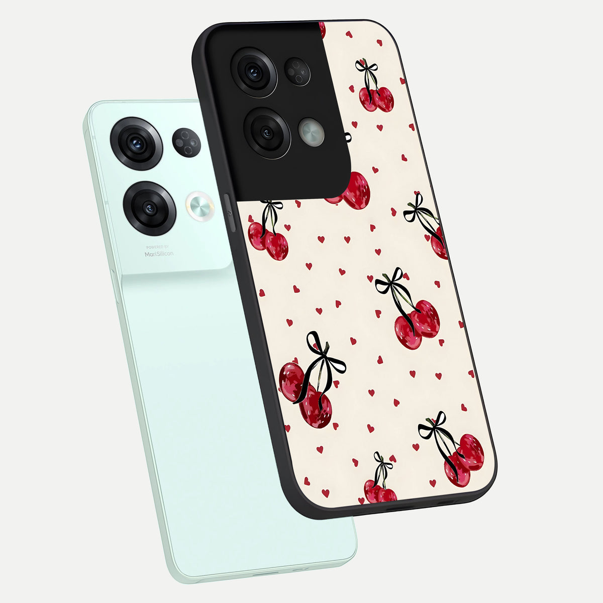  Cherry Heart Bow phone case For Oppo Reno 8 Pro showing premium glass back cover with detailed artwork