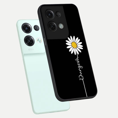  Custom Name White Flower phone case For Oppo Reno 8 Pro showing premium glass back cover with detailed artwork