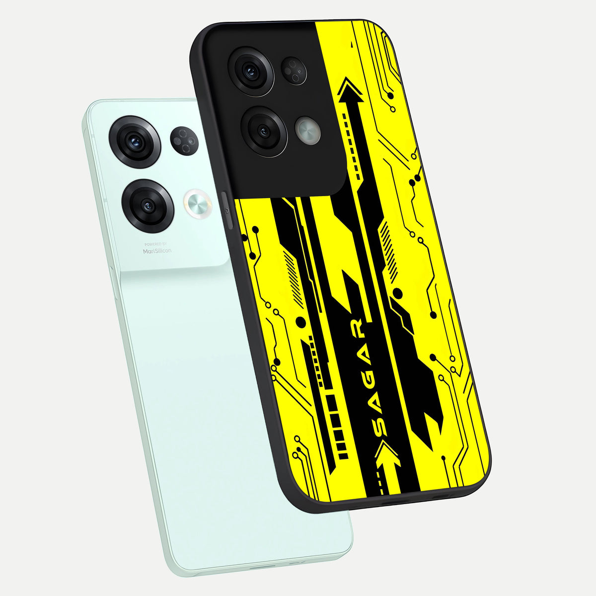  Electric Pulse CYBERPUNK Custom Name phone case For Oppo Reno 8 Pro showing premium glass back cover with detailed artwork