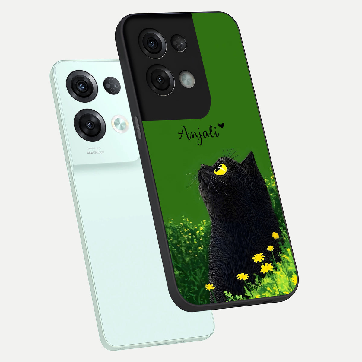  Emerald Cat Custom Name phone case For Oppo Reno 8 Pro showing premium glass back cover with detailed artwork
