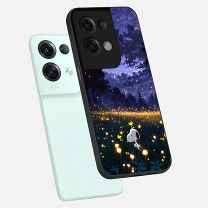  Firefly Meadow Magic phone case For Oppo Reno 8 Pro showing premium glass back cover with detailed artwork