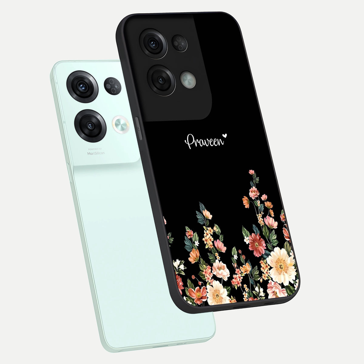  Floral Design Personalized Custom Name phone case For Oppo Reno 8 Pro showing premium glass back cover with detailed artwork