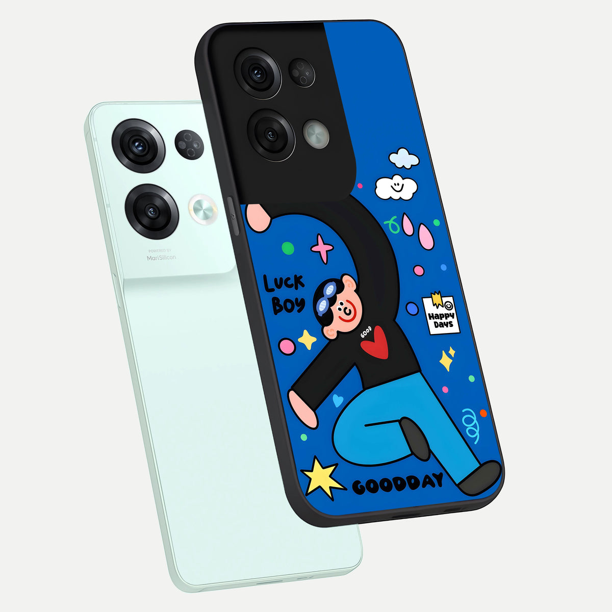  Happy Luck Vibe phone case For Oppo Reno 8 Pro showing premium glass back cover with detailed artwork