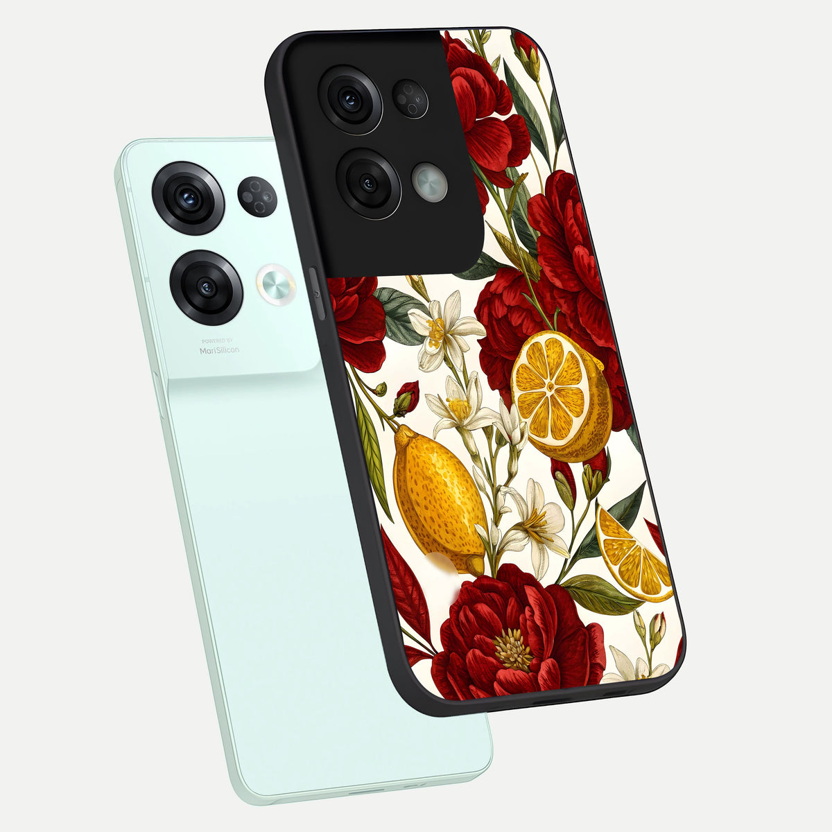  Lemon Rose Charm phone case For Oppo Reno 8 Pro showing premium glass back cover with detailed artwork