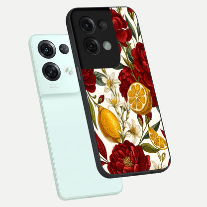  Lemon Rose Charm phone case For Oppo Reno 8 Pro showing premium glass back cover with detailed artwork
