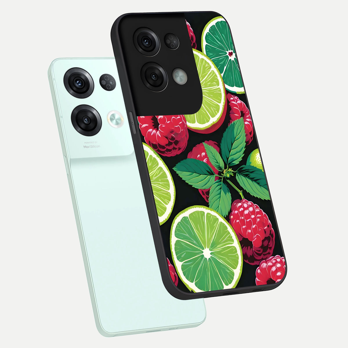  Lime and Raspberry Pattern phone case For Oppo Reno 8 Pro showing premium glass back cover with detailed artwork