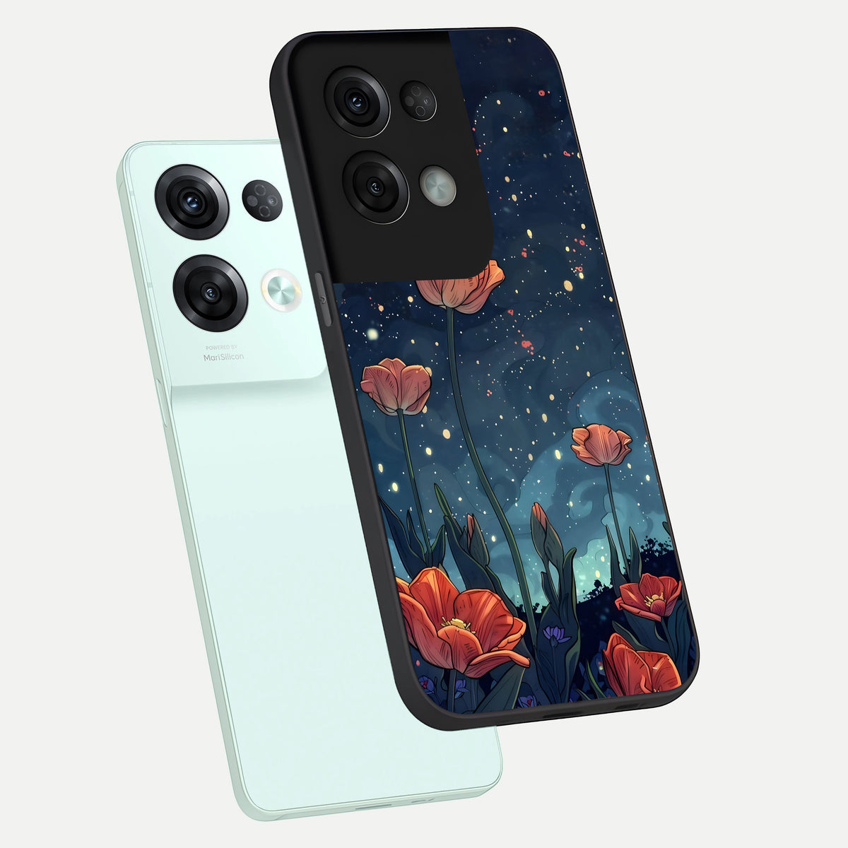  Midnight Tulip Glow phone case For Oppo Reno 8 Pro showing premium glass back cover with detailed artwork