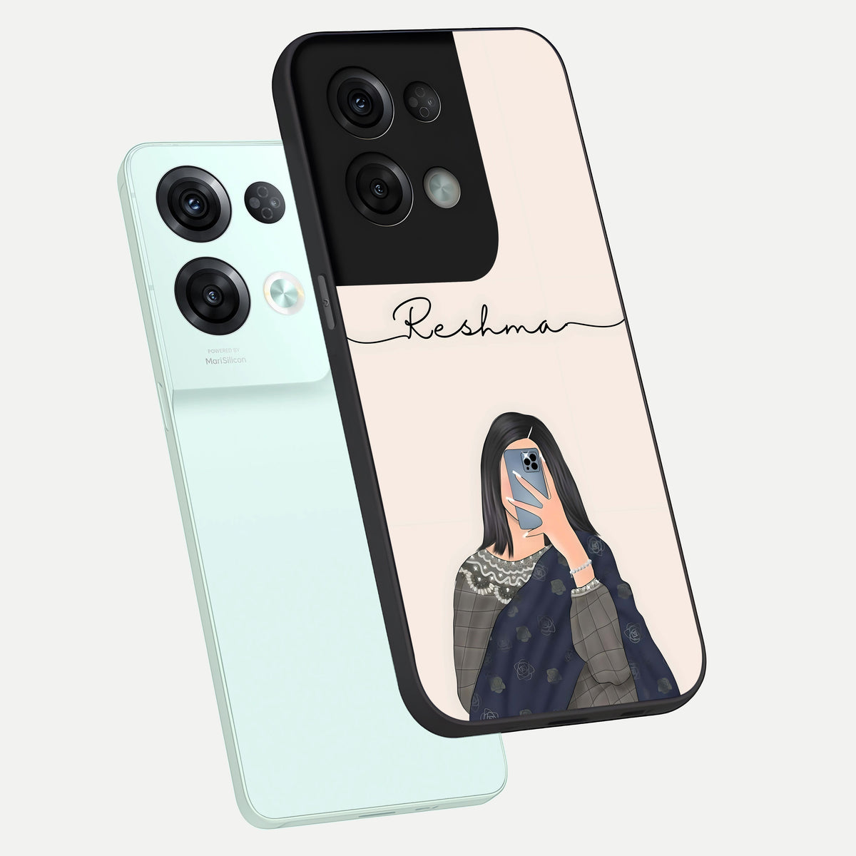  Mirror Mood Muse With Custom Name phone case For Oppo Reno 8 Pro showing premium glass back cover with detailed artwork
