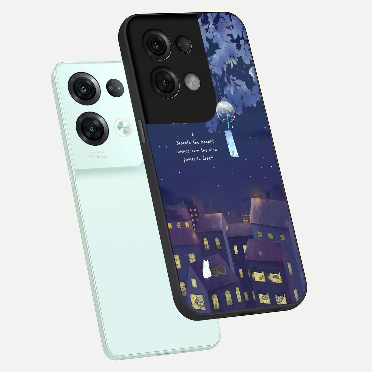  Moonlit Cat Silence phone case For Oppo Reno 8 Pro showing premium glass back cover with detailed artwork