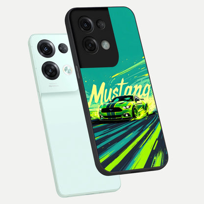  Mustang Bang phone case For Oppo Reno 8 Pro showing premium glass back cover with detailed artwork