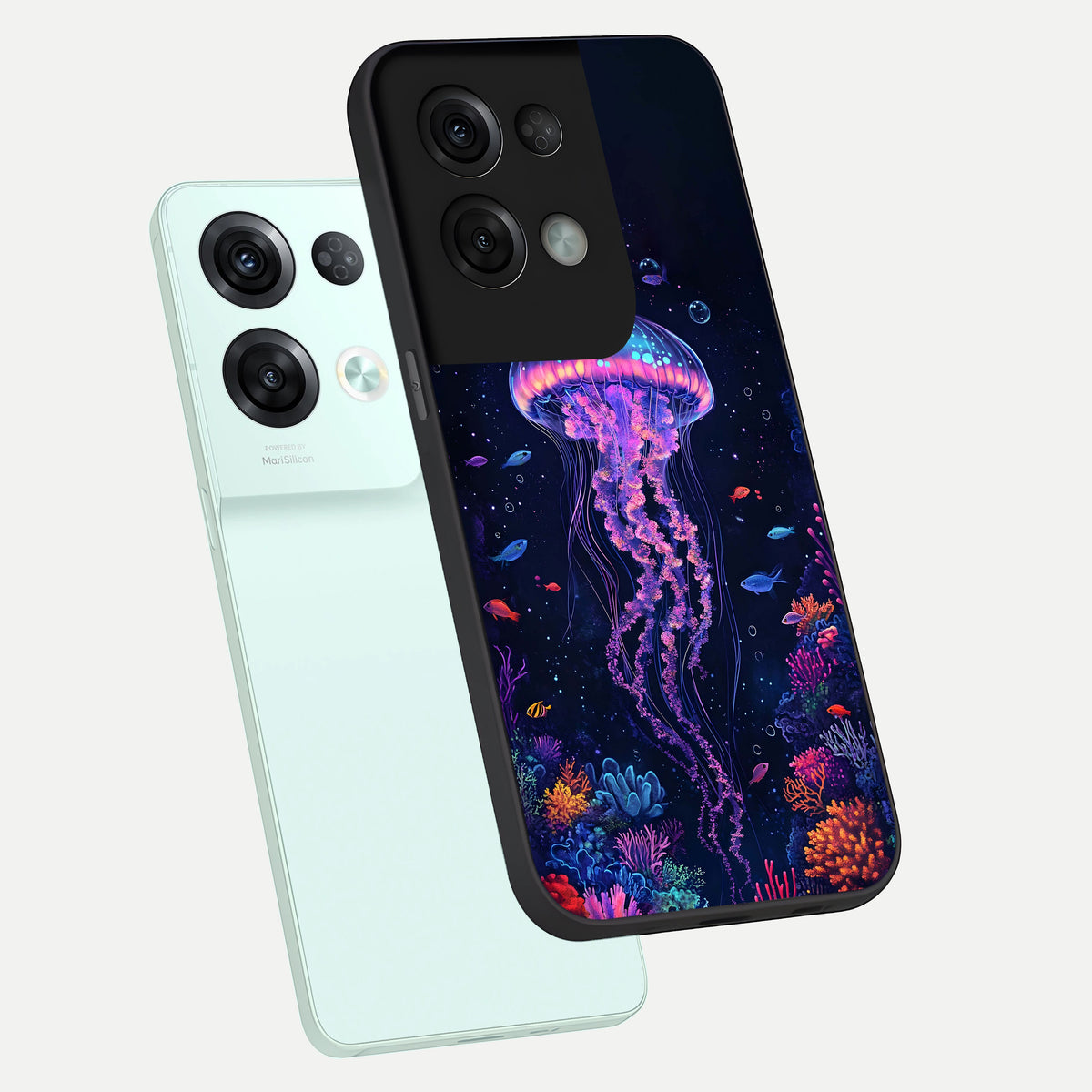  Neon Jellyfish phone case For Oppo Reno 8 Pro showing premium glass back cover with detailed artwork