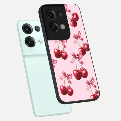  Red Cherries Pattern phone case For Oppo Reno 8 Pro showing premium glass back cover with detailed artwork