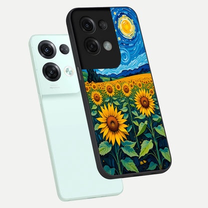 Starry Sunflower Dreams phone case For Oppo Reno 8 Pro showing premium glass back cover with detailed artwork