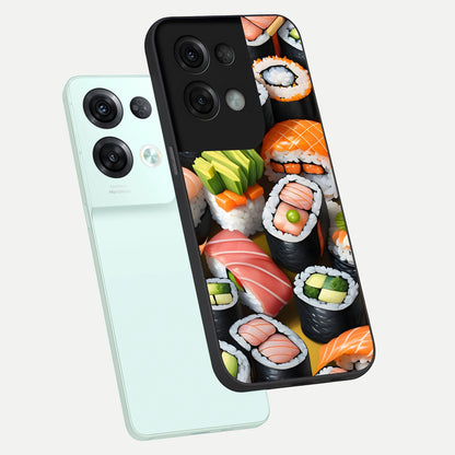  Sushi Food Pattern phone case For Oppo Reno 8 Pro showing premium glass back cover with detailed artwork