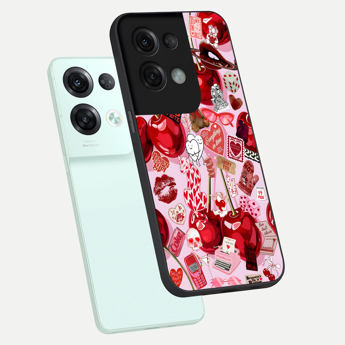  Sweet Cherry Chaos phone case For Oppo Reno 8 Pro showing premium glass back cover with detailed artwork
