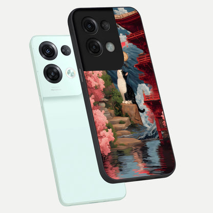 Temple Cat Scenery phone case For Oppo Reno 8 Pro showing premium glass back cover with detailed artwork