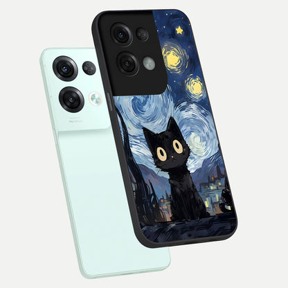  Van Gogh Cat phone case For Oppo Reno 8 Pro showing premium glass back cover with detailed artwork