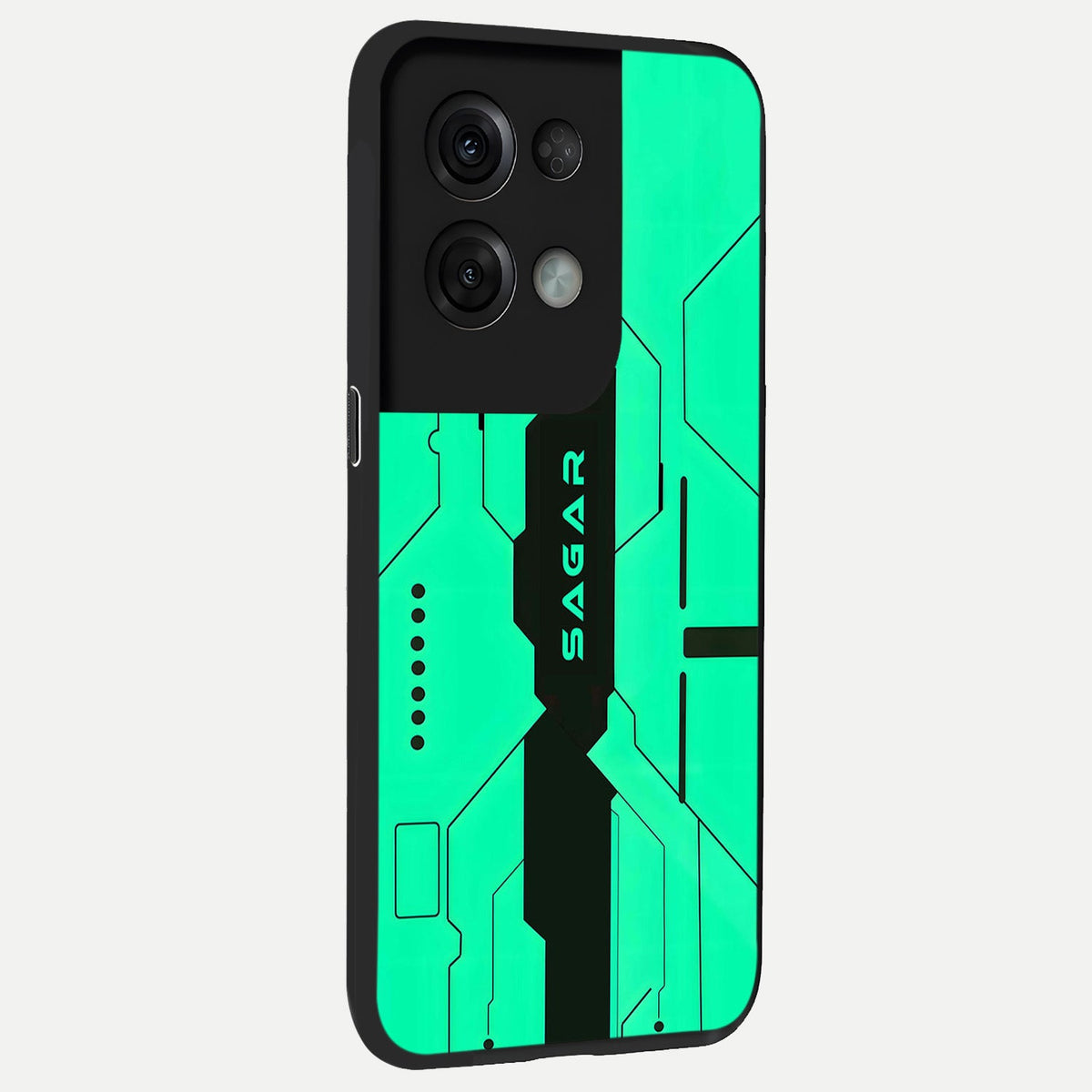  Aqua Tech CYBERPUNK Custom Name back cover For Oppo Reno 8 Pro slim fit glass case with vibrant aesthetic design