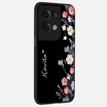  Black Elegance Floral Custom Name back cover For Oppo Reno 8 Pro slim fit glass case with vibrant aesthetic design
