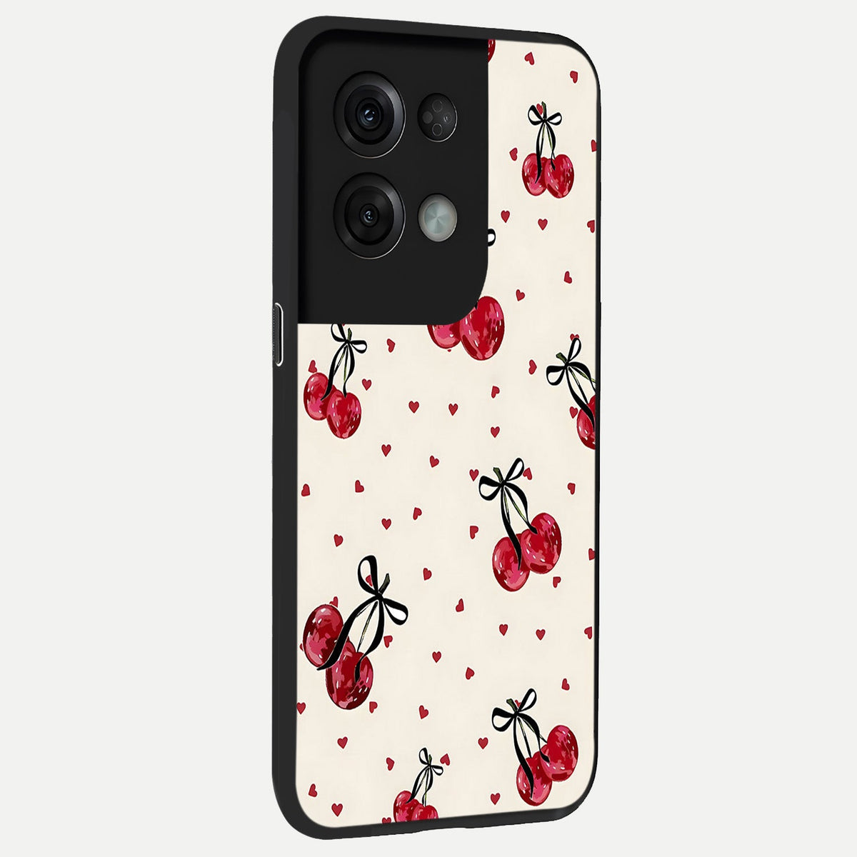  Cherry Heart Bow back cover For Oppo Reno 8 Pro slim fit glass case with vibrant aesthetic design