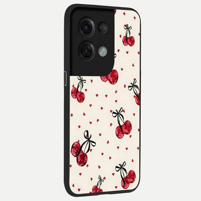  Cherry Heart Bow back cover For Oppo Reno 8 Pro slim fit glass case with vibrant aesthetic design