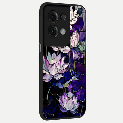  Purple Lotus Pattern back cover For Oppo Reno 8 Pro slim fit glass case with vibrant aesthetic design