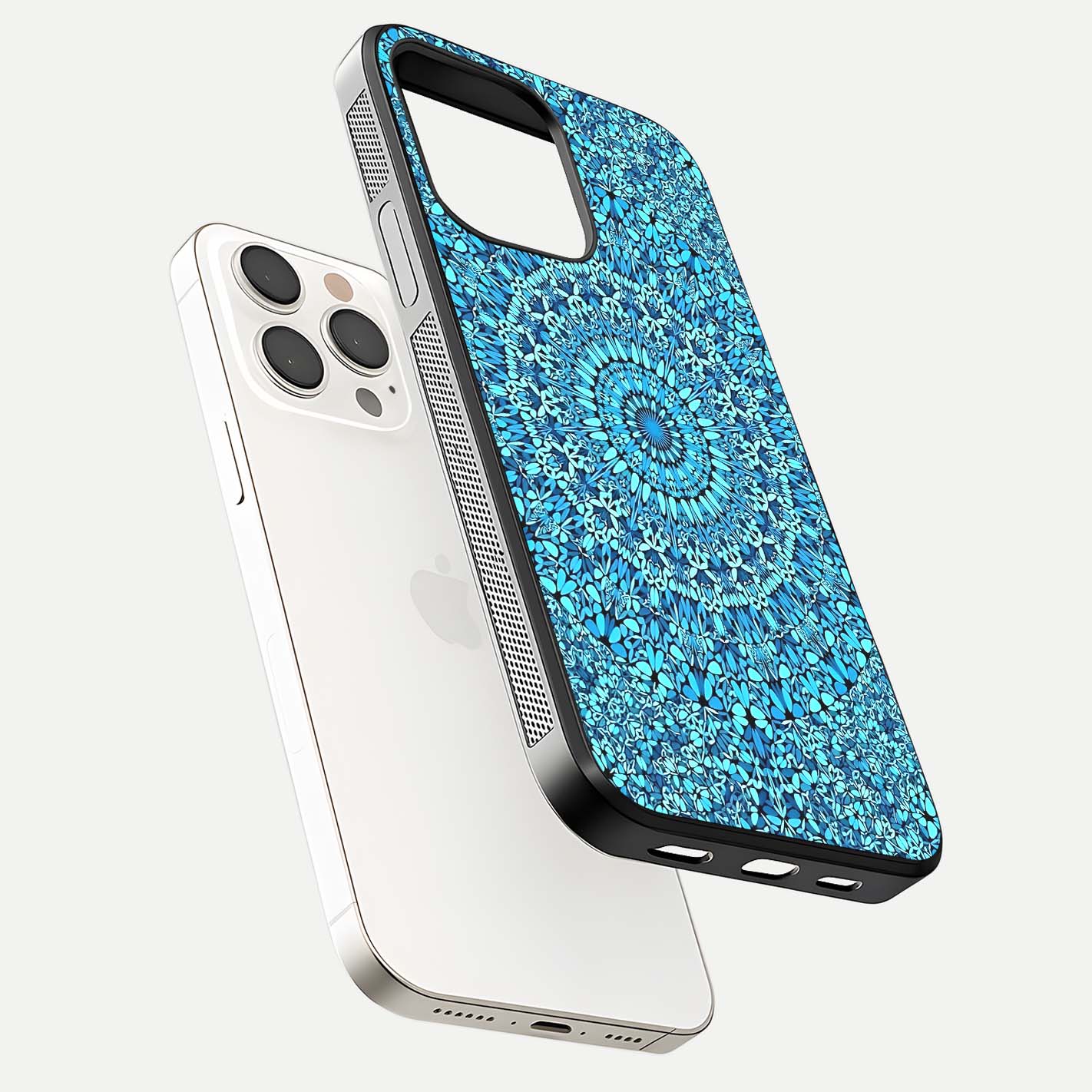 Ocean Bloom Mandala Glass Case for iPhone 15 Pro Max floating dual-view mockup showing gloss texture and print depth