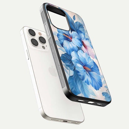 Ocean Hibiscus Grace Glass Case for iPhone 15 Pro Max floating dual-view mockup showing gloss reflection and print clarity