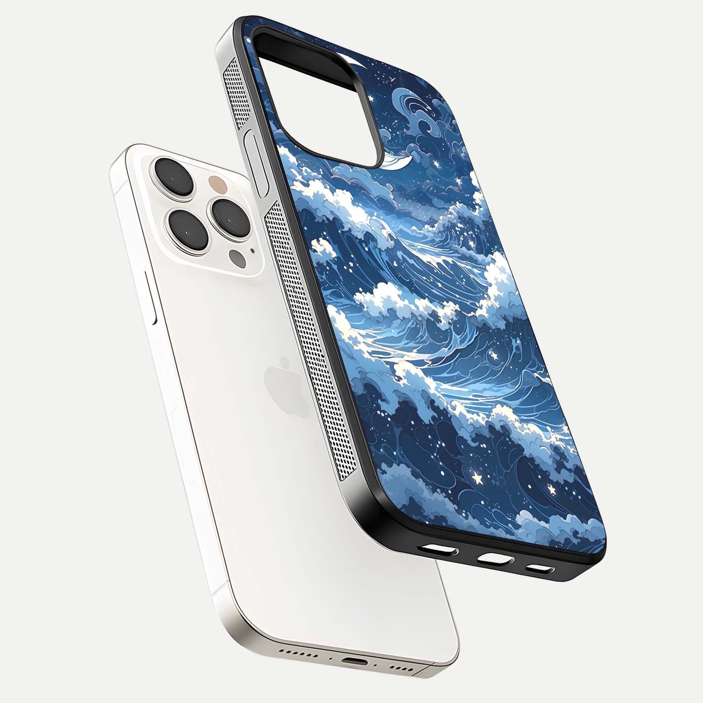 Ocean Moon Waves Glass Case for iPhone 15 Pro Max floating dual-view mockup showing gloss texture and moon glow
