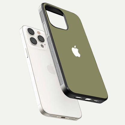 Olive Matte Essence Glass Case for iPhone 15 Pro Max floating dual-view mockup showing matte gloss and depth