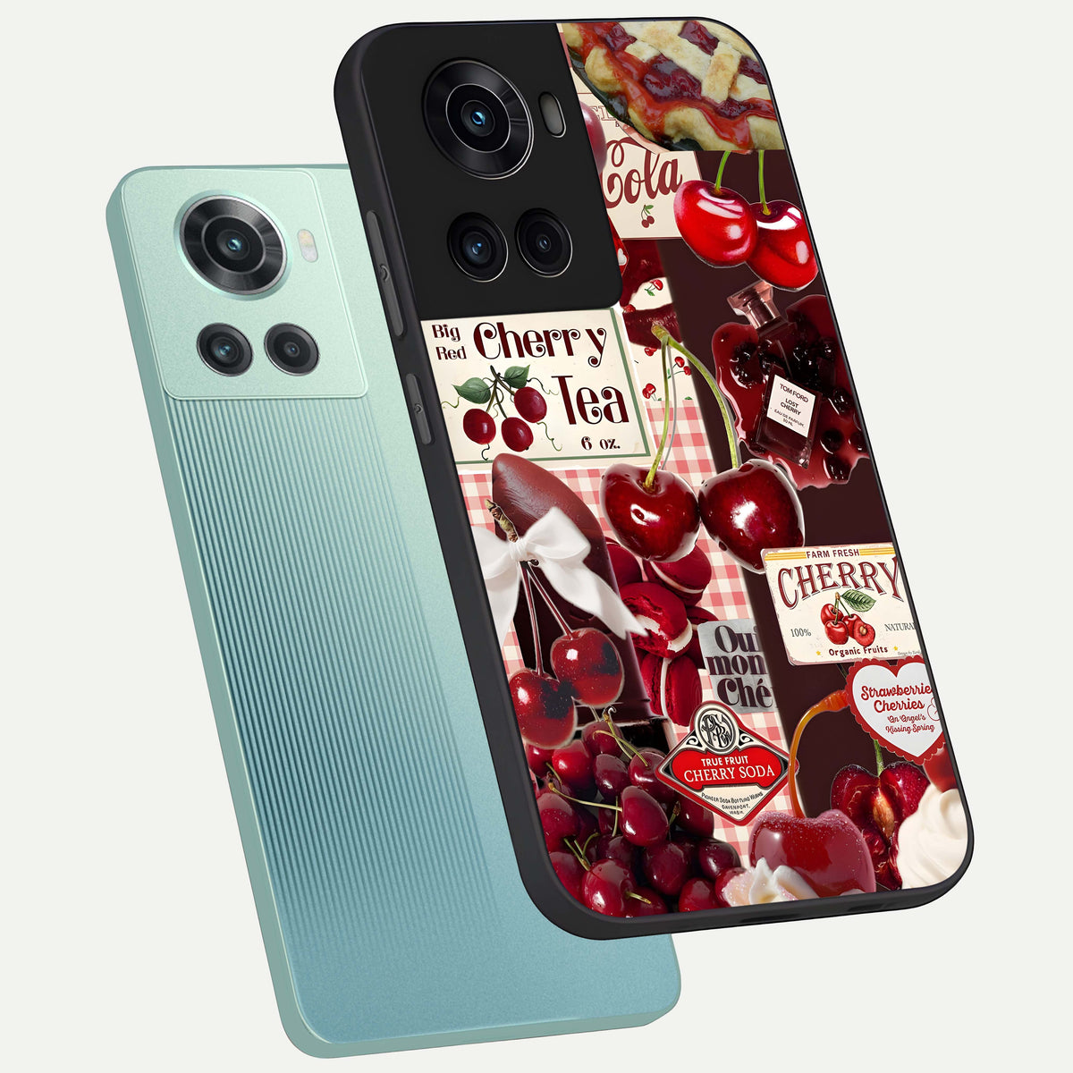  Aesthetic Cherry Tea phone case For OnePlus 10R showing premium glass back cover with detailed artwork