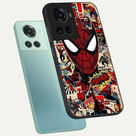  Aesthetic Wonder Spider phone case For OnePlus 10R showing premium glass back cover with detailed artwork