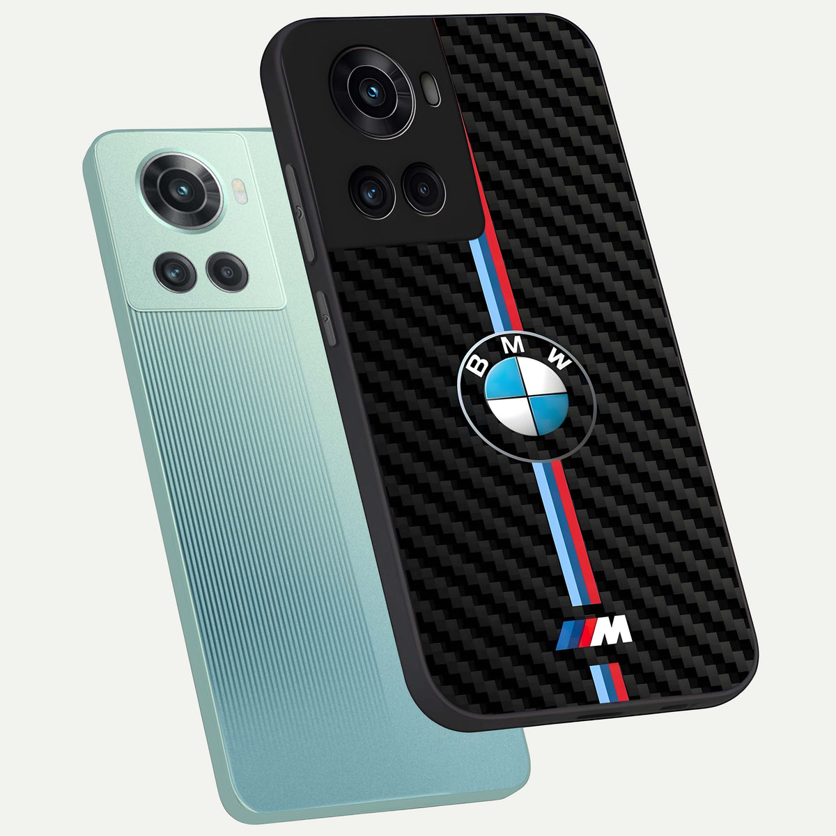  BMW Pattern phone case For OnePlus 10R showing premium glass back cover with detailed artwork