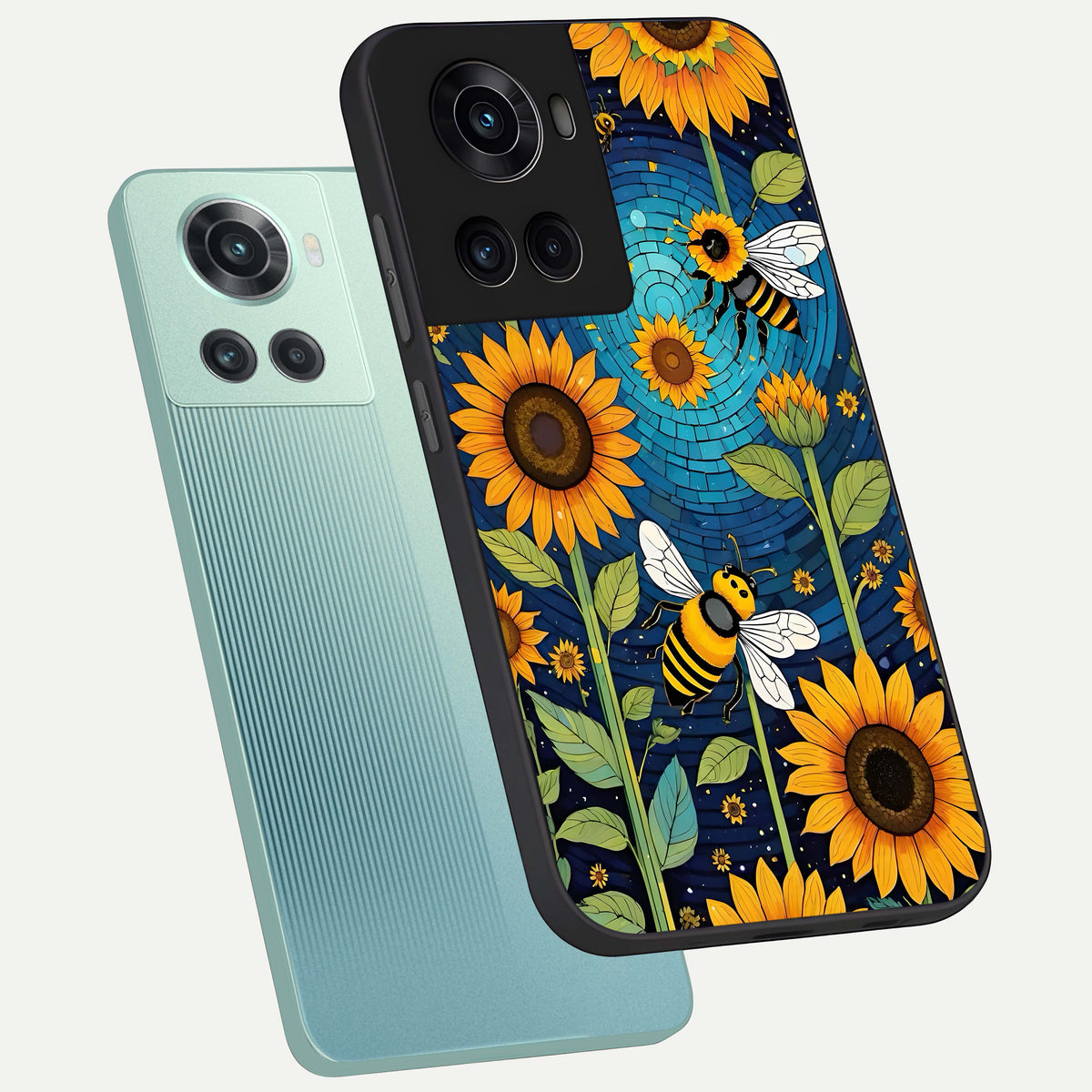  Bees And Sunflowers phone case For OnePlus 10R showing premium glass back cover with detailed artwork