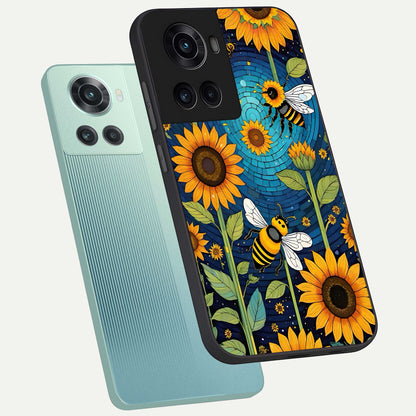  Bees And Sunflowers phone case For OnePlus 10R showing premium glass back cover with detailed artwork