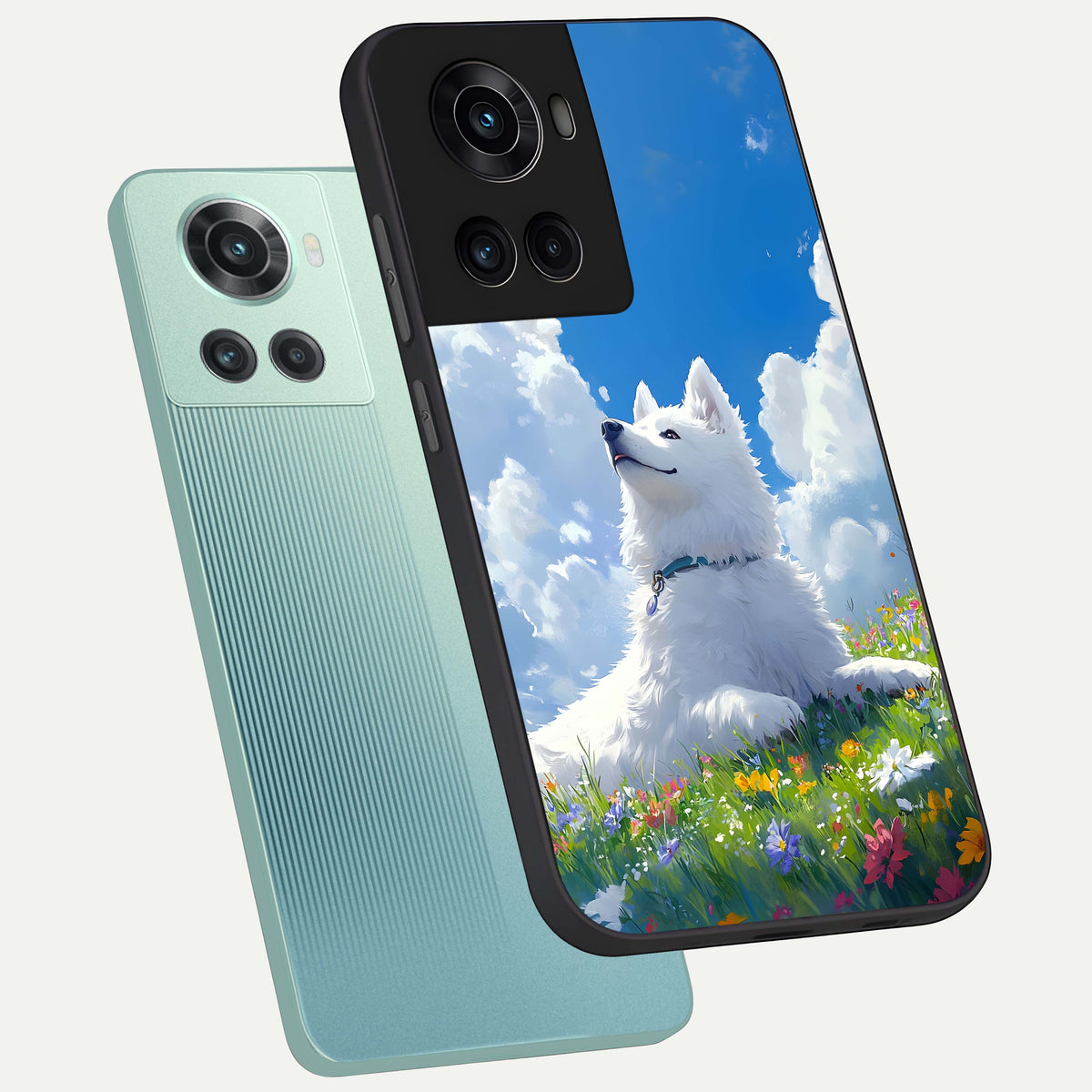 Blissful Cloud Pup phone case For OnePlus 10R showing premium glass back cover with detailed artwork