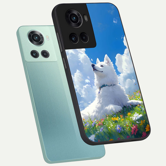  Blissful Cloud Pup phone case For OnePlus 10R showing premium glass back cover with detailed artwork