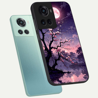  Blossom Pink Moon phone case For OnePlus 10R showing premium glass back cover with detailed artwork