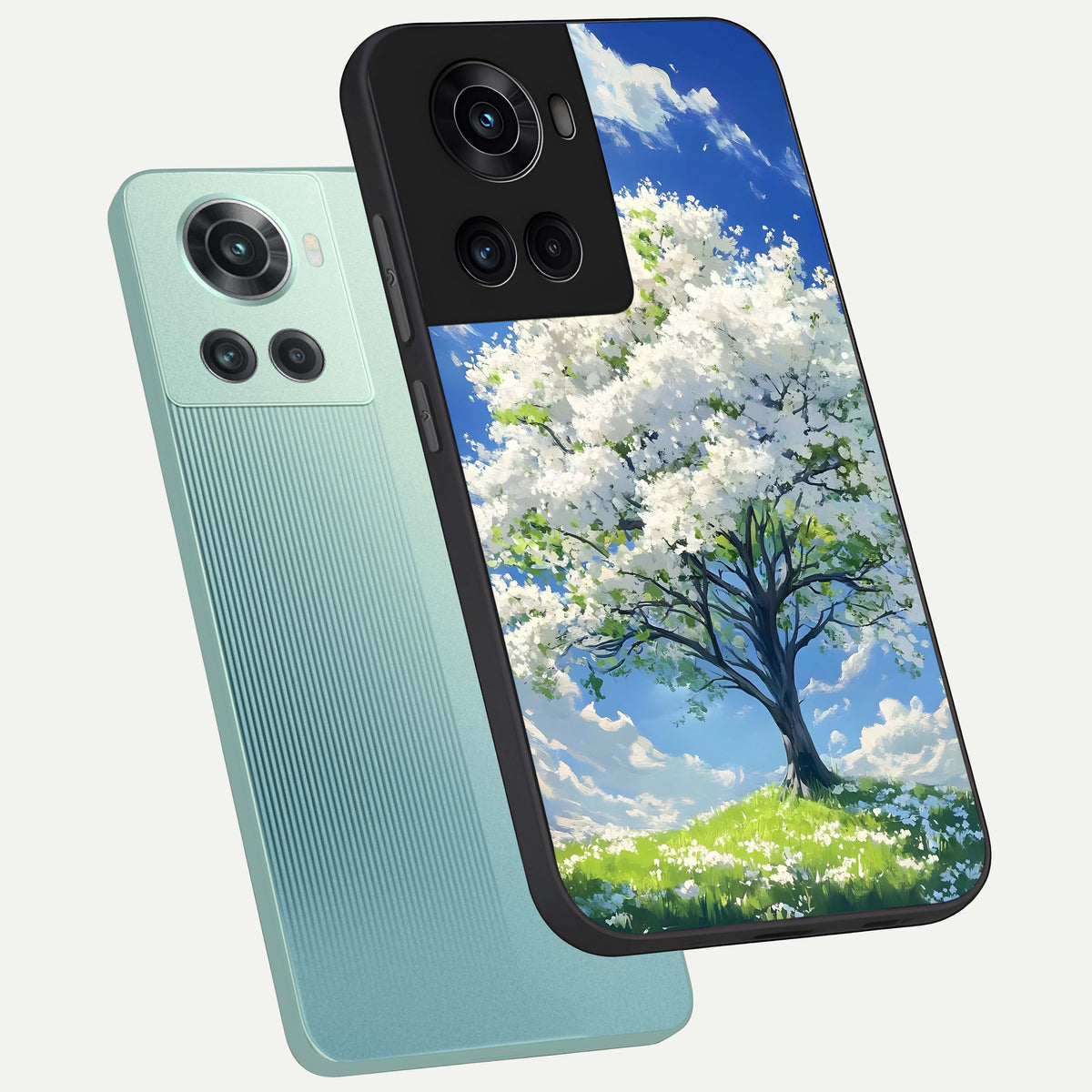  Blossom Sky Serenity phone case For OnePlus 10R showing premium glass back cover with detailed artwork