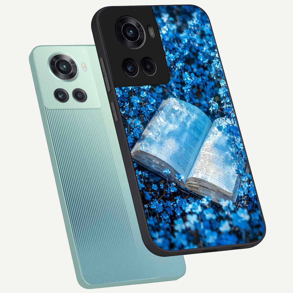 Blue Bloom Tales phone case For OnePlus 10R showing premium glass back cover with detailed artwork