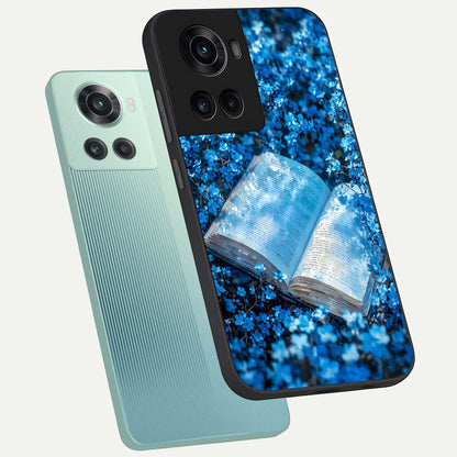  Blue Bloom Tales phone case For OnePlus 10R showing premium glass back cover with detailed artwork