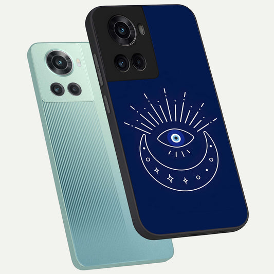  Blue Evil Eye phone case For OnePlus 10R showing premium glass back cover with detailed artwork
