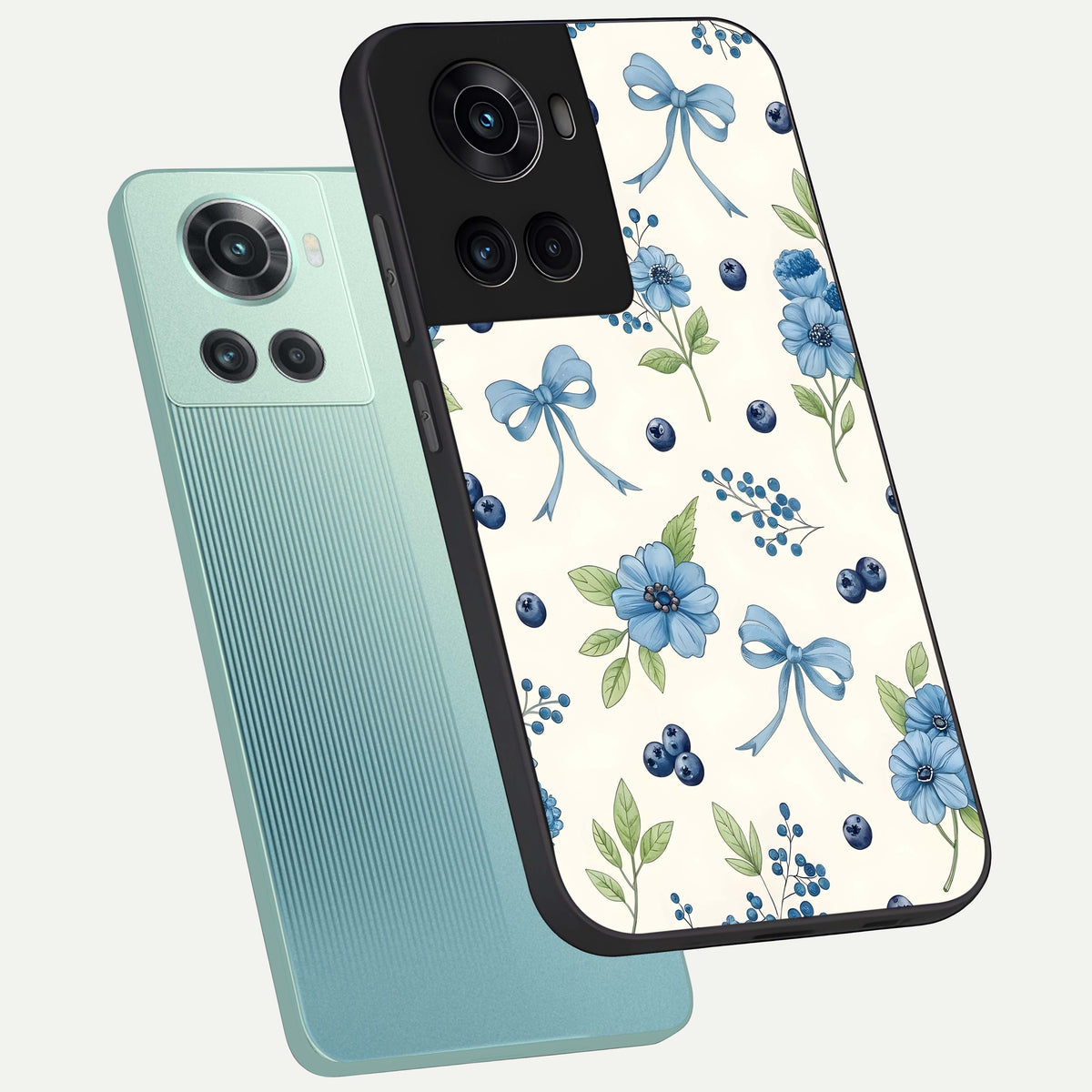  Blue Flower And Bow phone case For OnePlus 10R showing premium glass back cover with detailed artwork