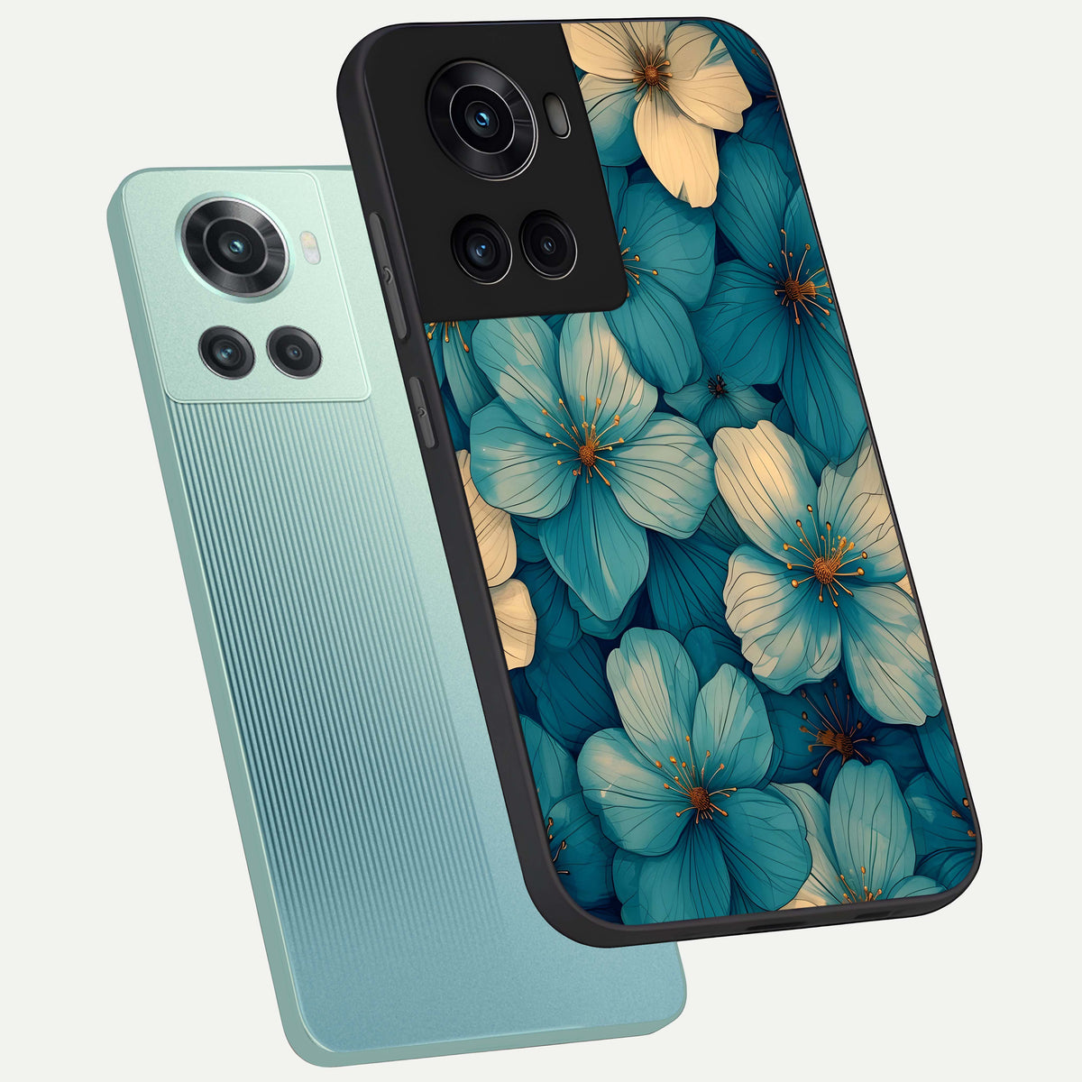  Blue Shade Floral phone case For OnePlus 10R showing premium glass back cover with detailed artwork