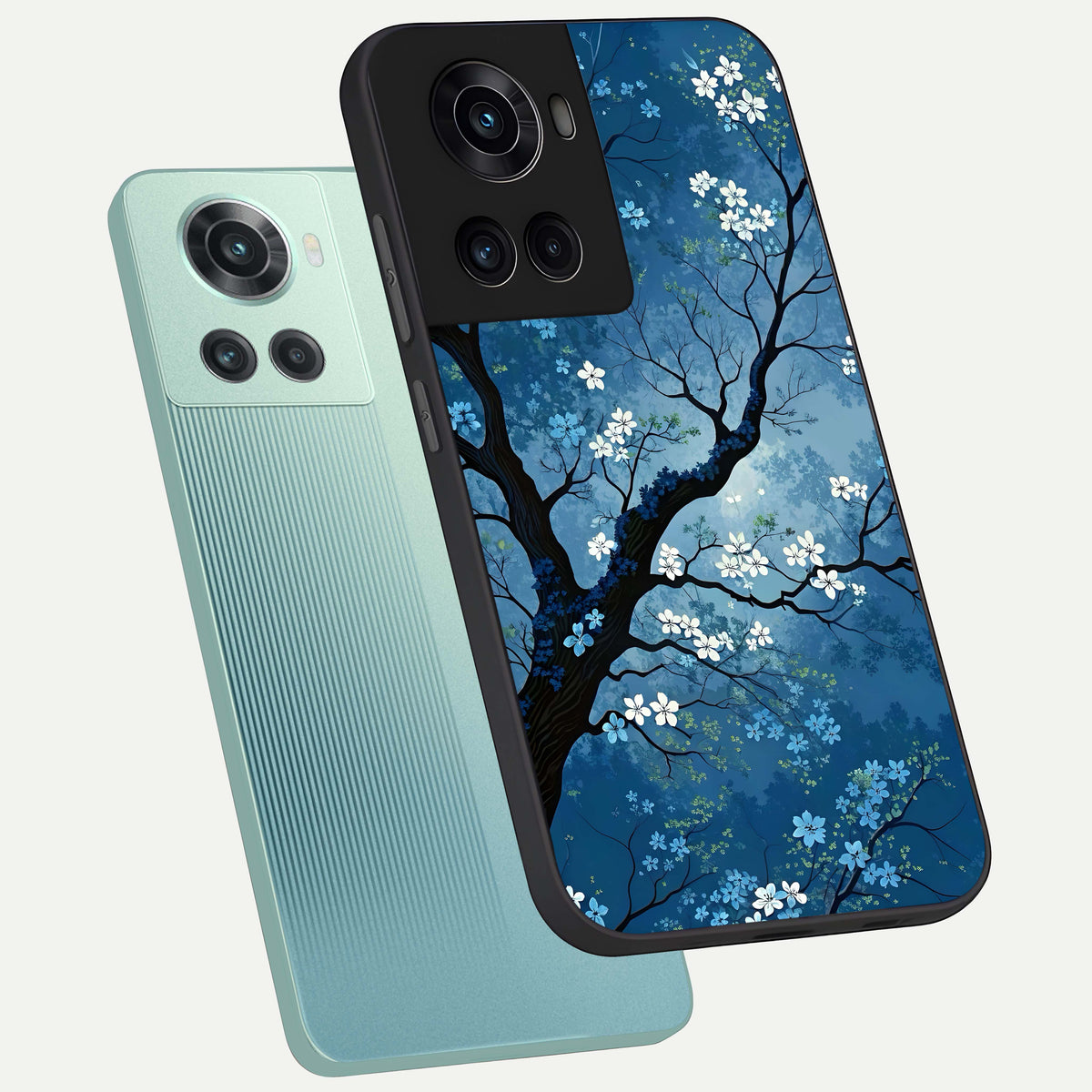  Blue Tree Serenity phone case For OnePlus 10R showing premium glass back cover with detailed artwork