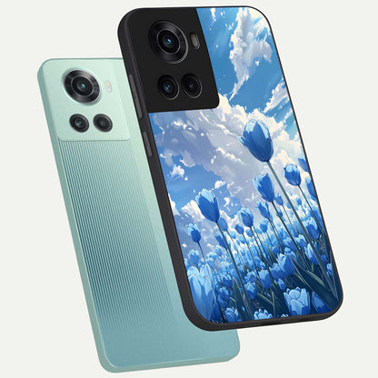  Blue Tulip Clouds phone case For OnePlus 10R showing premium glass back cover with detailed artwork