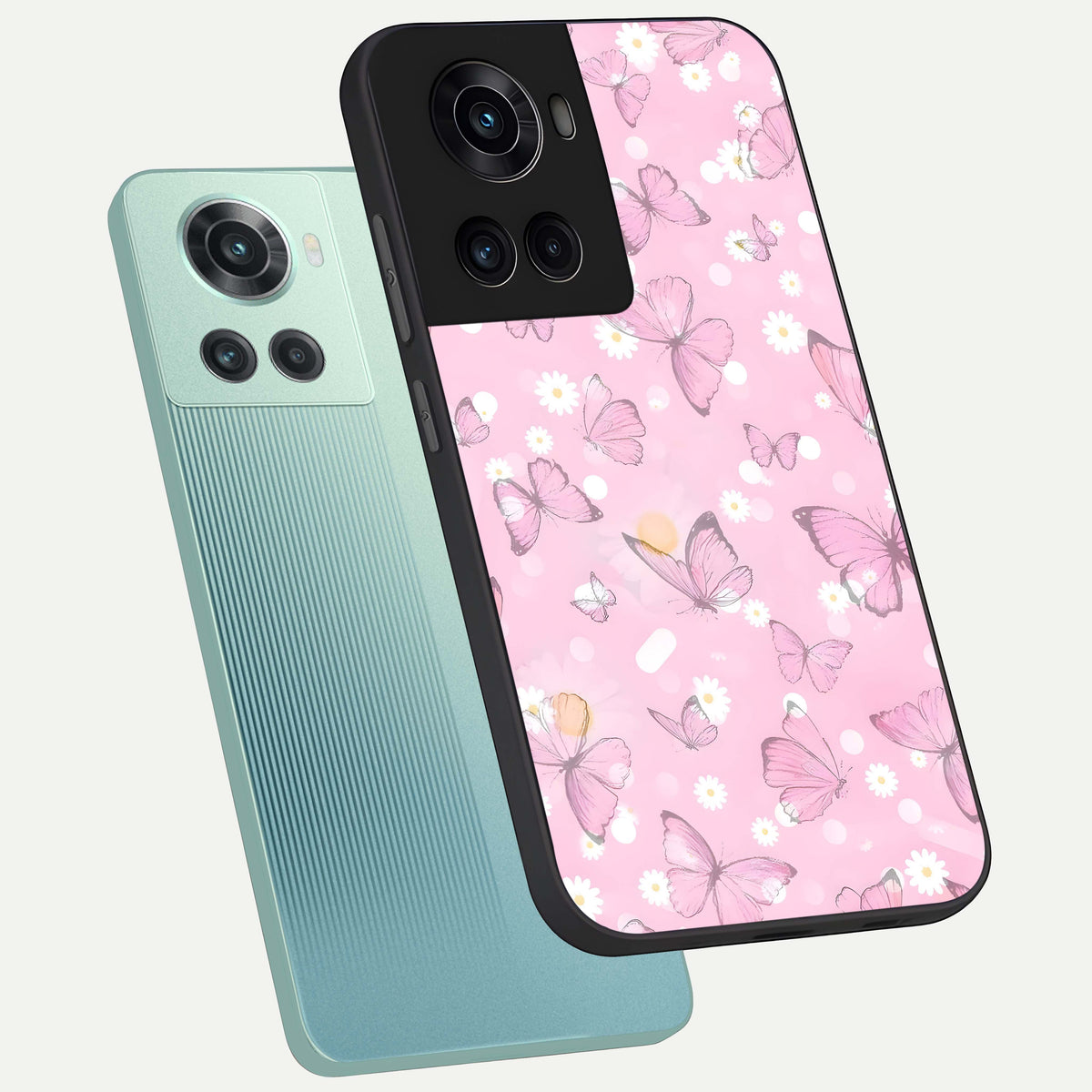  Blush Butterfly Garden phone case For OnePlus 10R showing premium glass back cover with detailed artwork